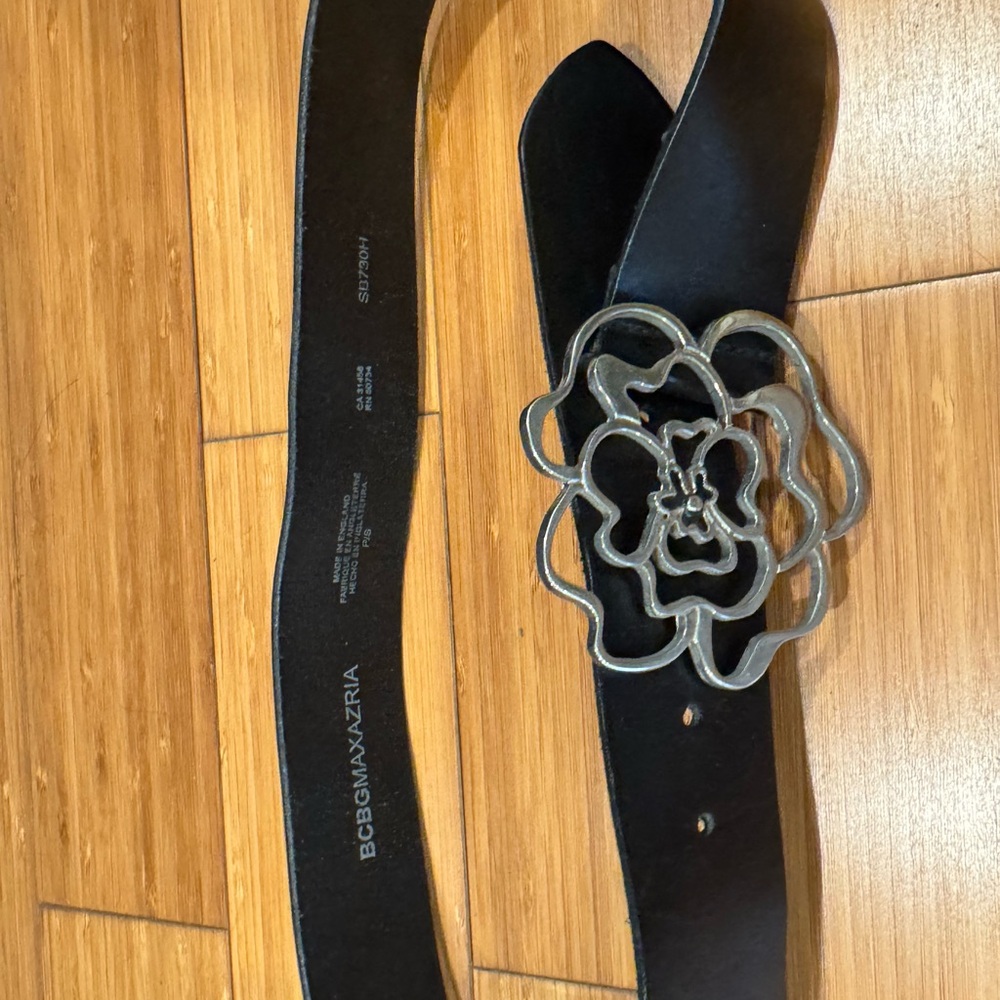 BCBGMaxAzria Black Belt with Floral Silver Buckle